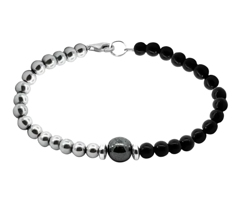 ZILIA Men Hematite Black & White Silver 925 Mineral Bracelet