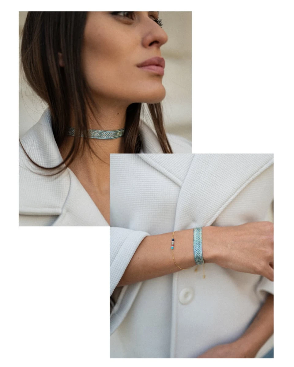 Traditionelle arabische Choker Halskette aus Goldfaden in Gold und Denimblau