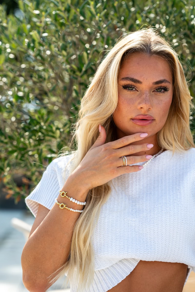 Weißer Süßwasserperlen Gelbgold plattiertes Silber 925 Armband