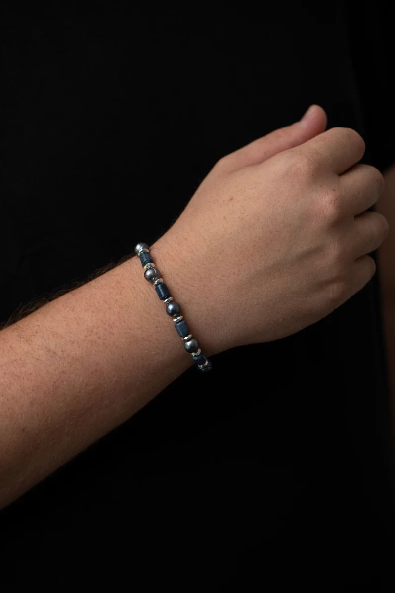 Dumortierit und Hämatit Armband mit Tahiti Perle aus 925er Silber Exklusiver Edelstein Schmuck